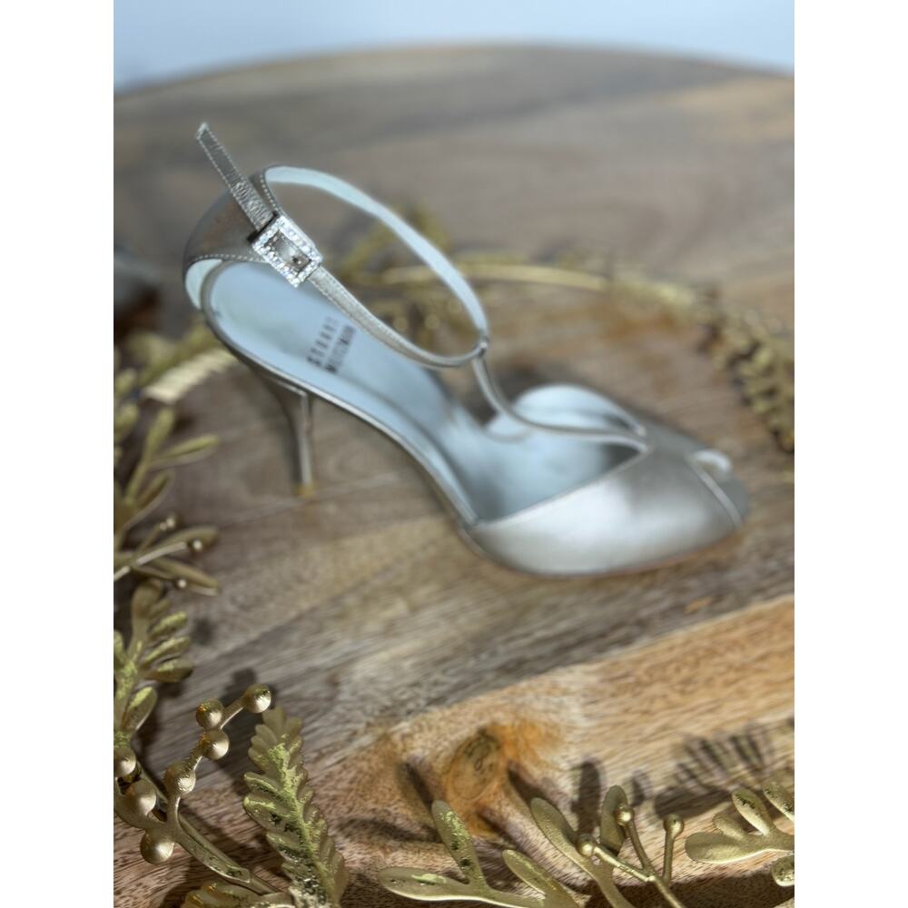 Stuart Weitzman Metallic Gold Peep Toe Heels with Rhinestone Buckle - Size 6.5 - Picture 7 of 16